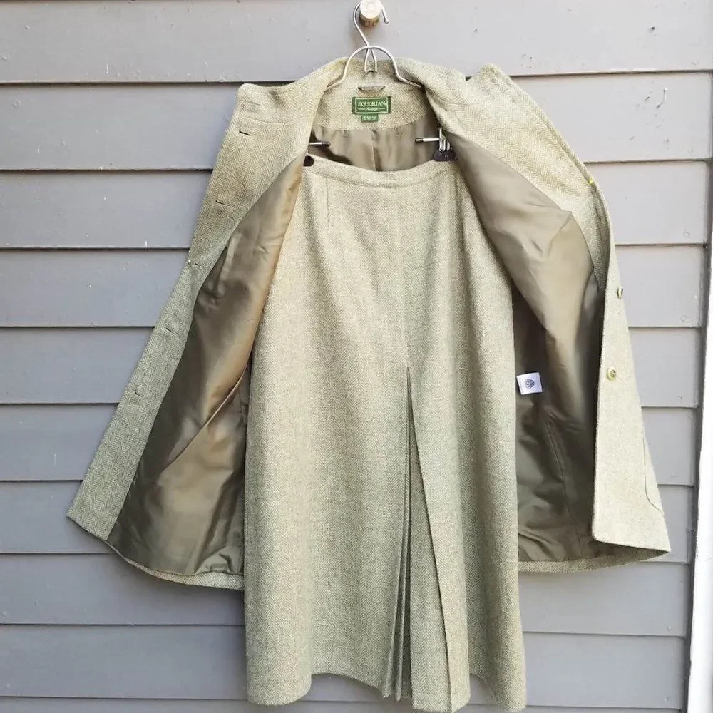 Equorian Heritage Wool Green Herringbone Skirt Suit Set size 12